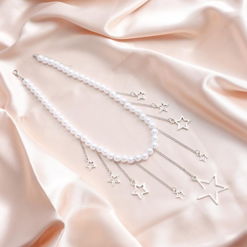 Elegant Pearls Necklace with Chain Star Clavicle Chain Adjustable Choker Neck Jewelry for Wedding Party Special Occasion