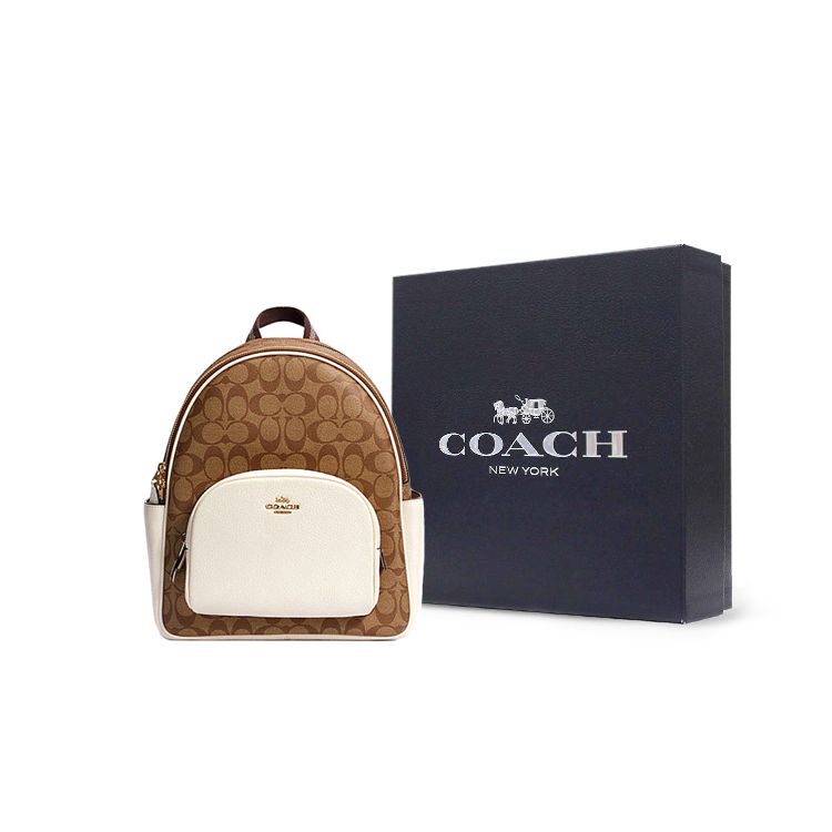 Coach Court 27 Color Block Monogram Print Zipper Canvas And Leather Backpack Medium Women backpack White Brown 5671-IMDJ8