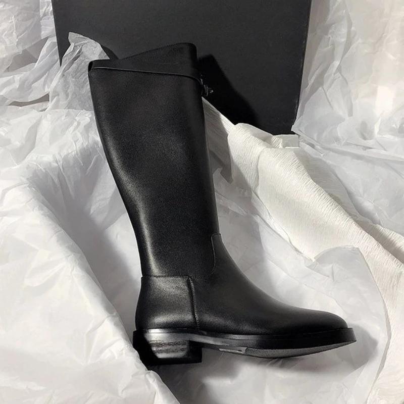 Fashion Black Leather Elegant with Low Heels Knee High Shaft Shoes Woman Gothic Demi-season Goth Footwear Pu New In Long Boots for Women