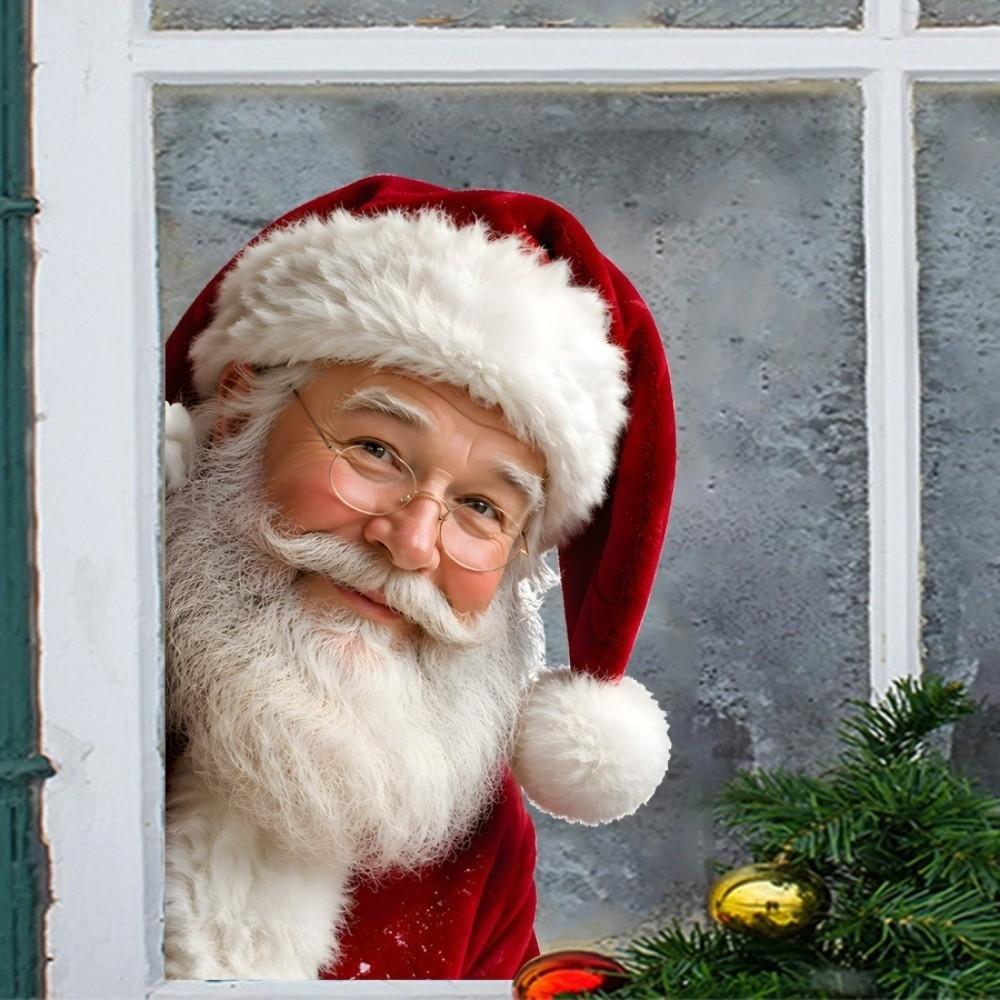 Double-Sided Visible Static Cling Window Sticker 2D Flat Peeking Santa Claus Living Room