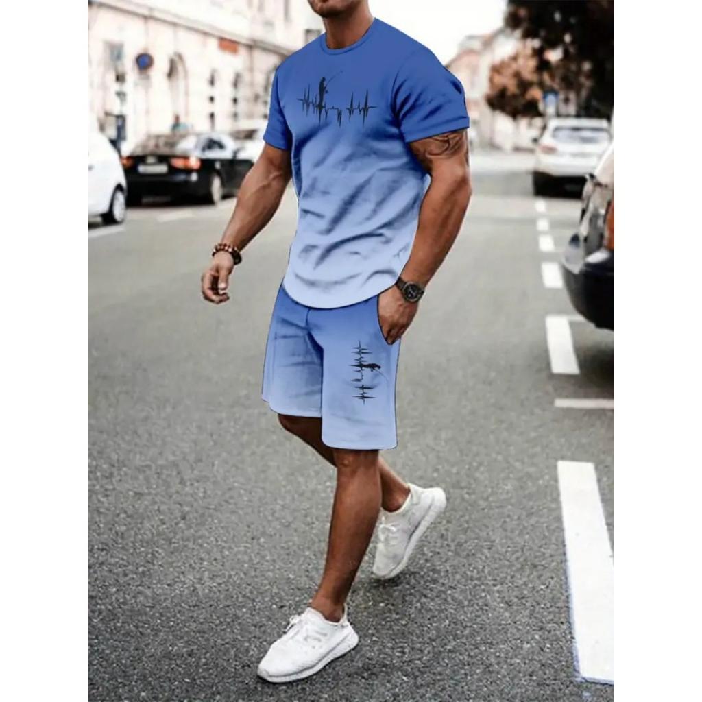 2025 Men's Short Sleeve Set Anchor Print Blue And White Summer Short Sleeve Shorts 2 Pieces Urban Fashion Street Suit