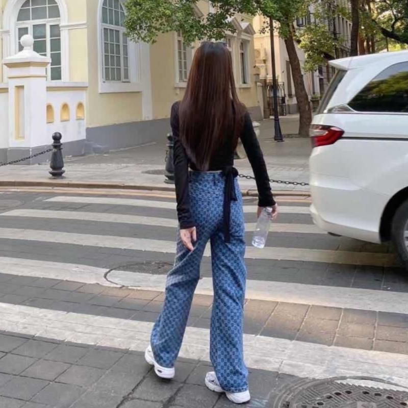 Blugi de damă Albastru Primăvara Vară Moda Ins Nou Cu talie înaltă Imprimați largi Blugi drepti brodați Pantaloni largi din denim Y2K