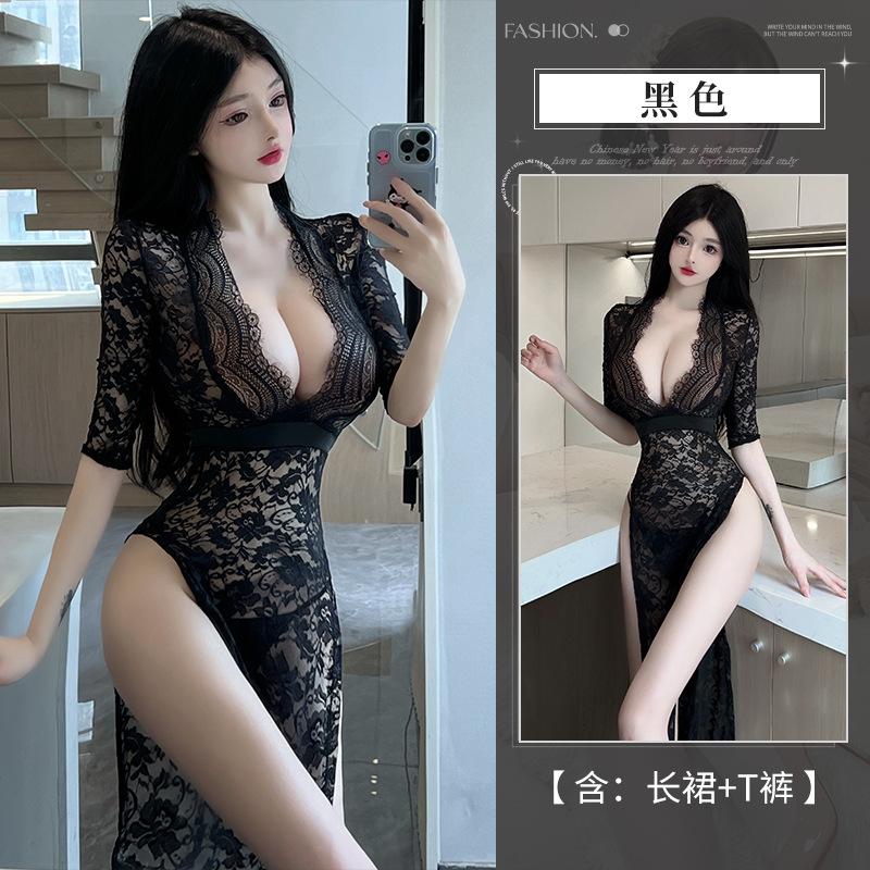 Sexy lingerie women's pure lace temptation long dress hot side split uniform free suit