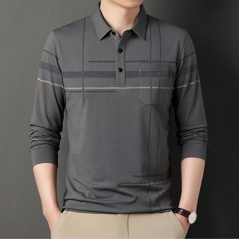 New Dad Wear Men's Lead Long-Sleeved T-shirt Men's Real Pocket Top Striped Men's Polo Shirt with Pockets