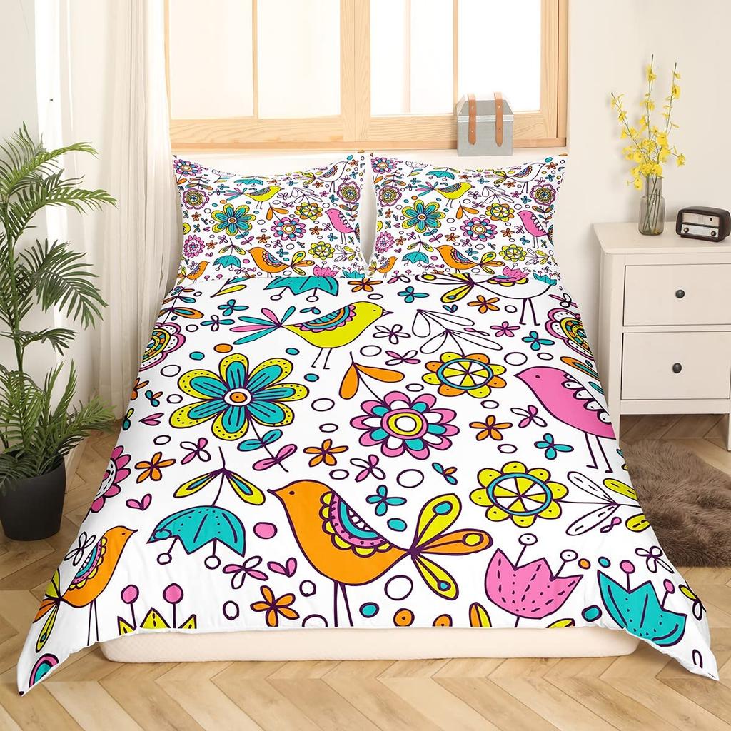 Retro Flowers King Queen Bedding Set Cartoon Vintage Floral Duvet Cover Boho Abstract Quilt Cover Soft Polyester Comforter Cover