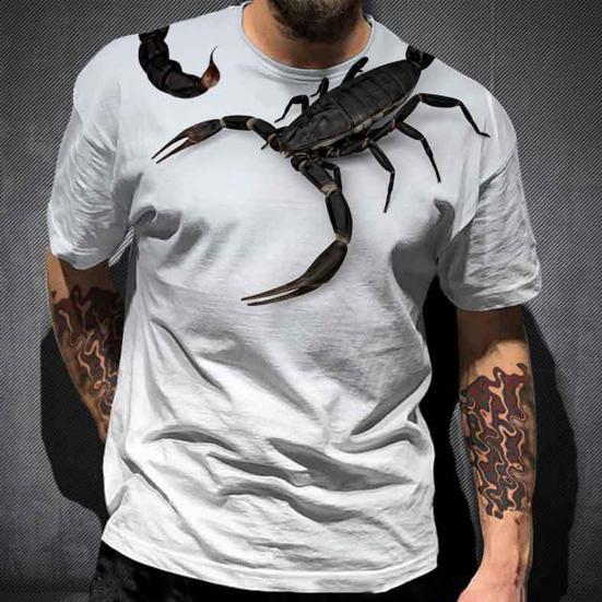 Men T-shirt O Neck Breathable Easy to Match Mighty 3D Print Short Sleeves Pullover Scorpion Print Contrast Color Summer Tops Daily Clothes