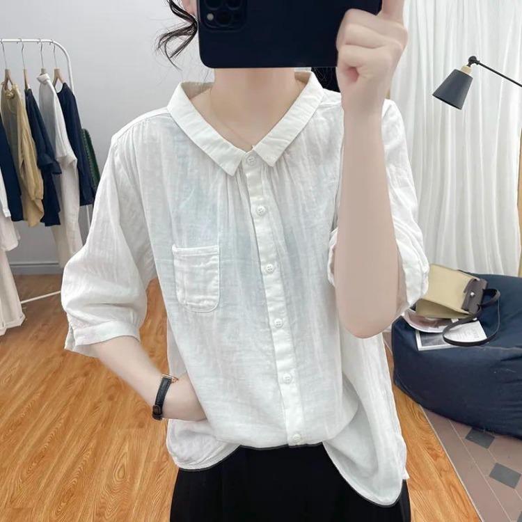 Linen Blouse Women Casual Peter Pan Collar Half Sleeve Button Down Shirt with Pocket M белый