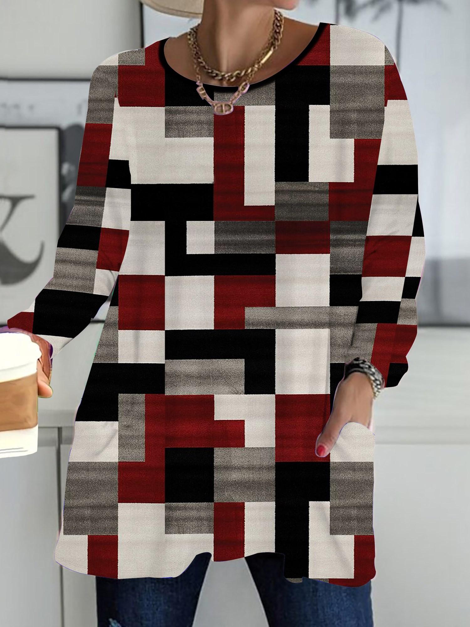 

Осень-Зима 2025 Новые Женские Топы Большого Размера, Модные Футболки с 3D-принтом в клетку с круглым вырезом и длинным рукавом 1XL