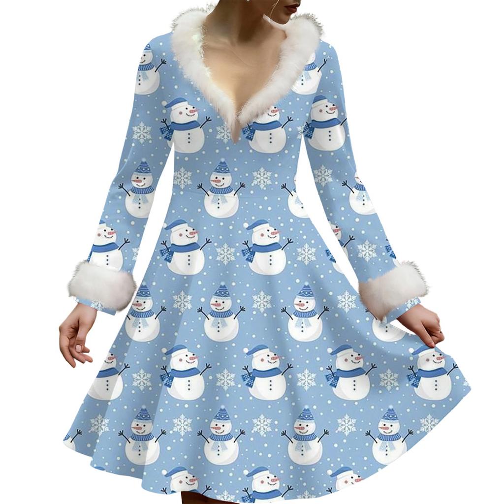 Women's Casual V-neck Christmas Print Plush Long-Sleeve Casual Dress
