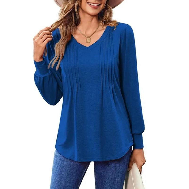 Damen Frühling und Herbst Einfarbig Plissiert V-Ausschnitt Lockeres Oberteil Langarmhemd