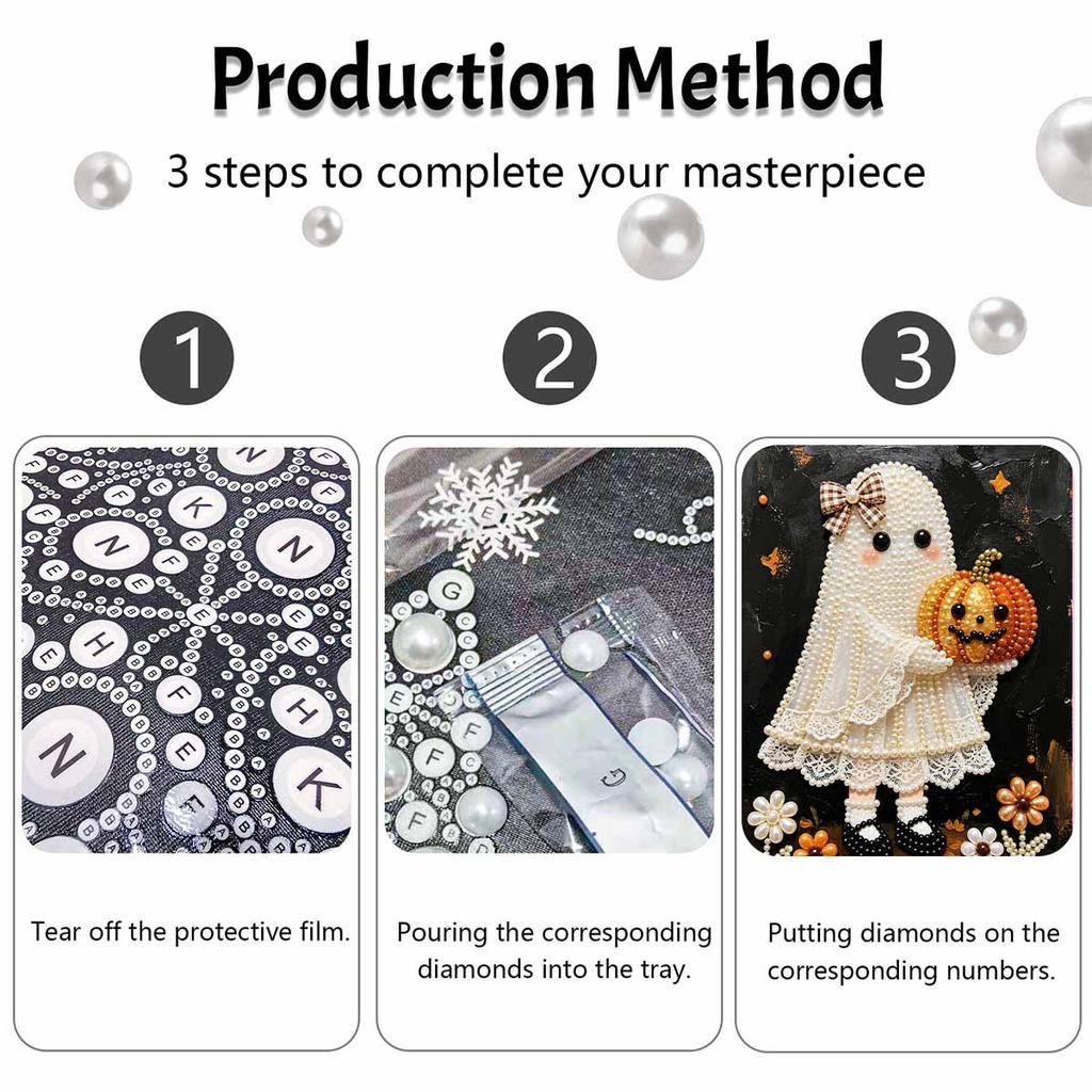 Frameless Pearl Bead Painting Kit Cute Ghost with Pumpkin Design DIY Handmade Craft Canvas for Home Wall Decor Autumn Festival Art
