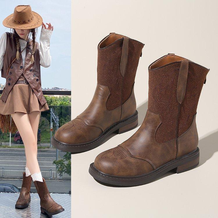 

Real soft leather~ Travel British style short boots women s brown retro European and American embroidery western cowboy boots knight boots Martin 35