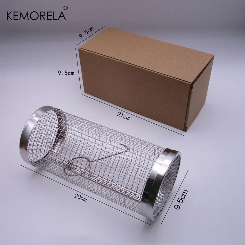 BBQ Basket Stainless Steel Rolling Grilling Basket Wire Mesh Cylinder Grill Basket Portable Round Outdoor Camping Barbecue Rack