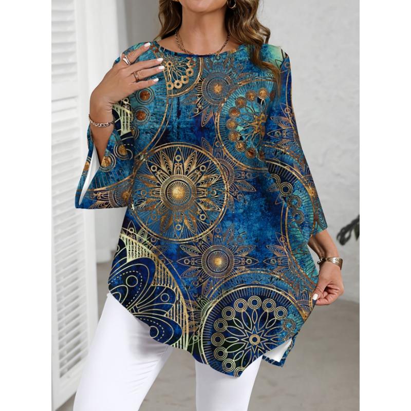 Plus size women s versatile round neck printed three-quarter sleeve top S