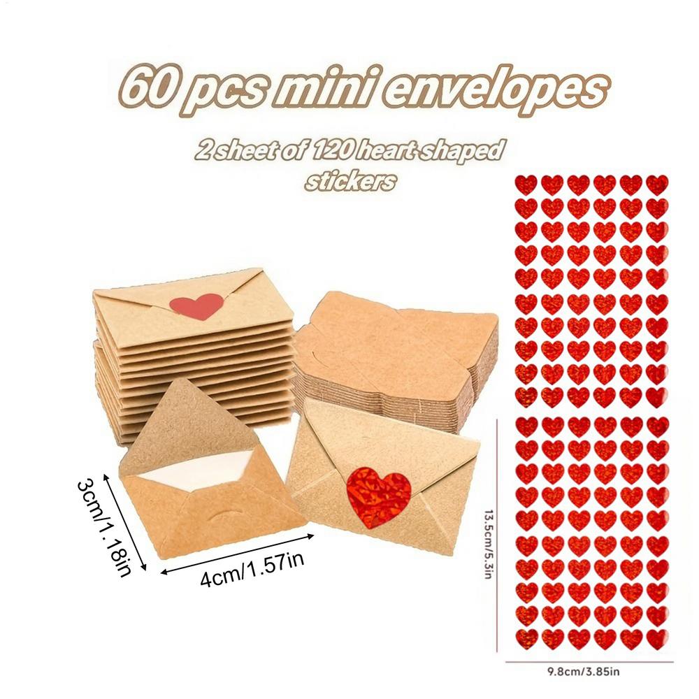 60pcs Creativity Valentines Envelopes Paper Love Notes Mini Valentines Day Cards w/Stickers for Boyfriend Girlfriend Couples Bag