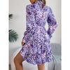 Robe Florale pour Femme Élégante Col Montant Floral Taille Marquée Manches Longues Volants Jupe A-Ligne