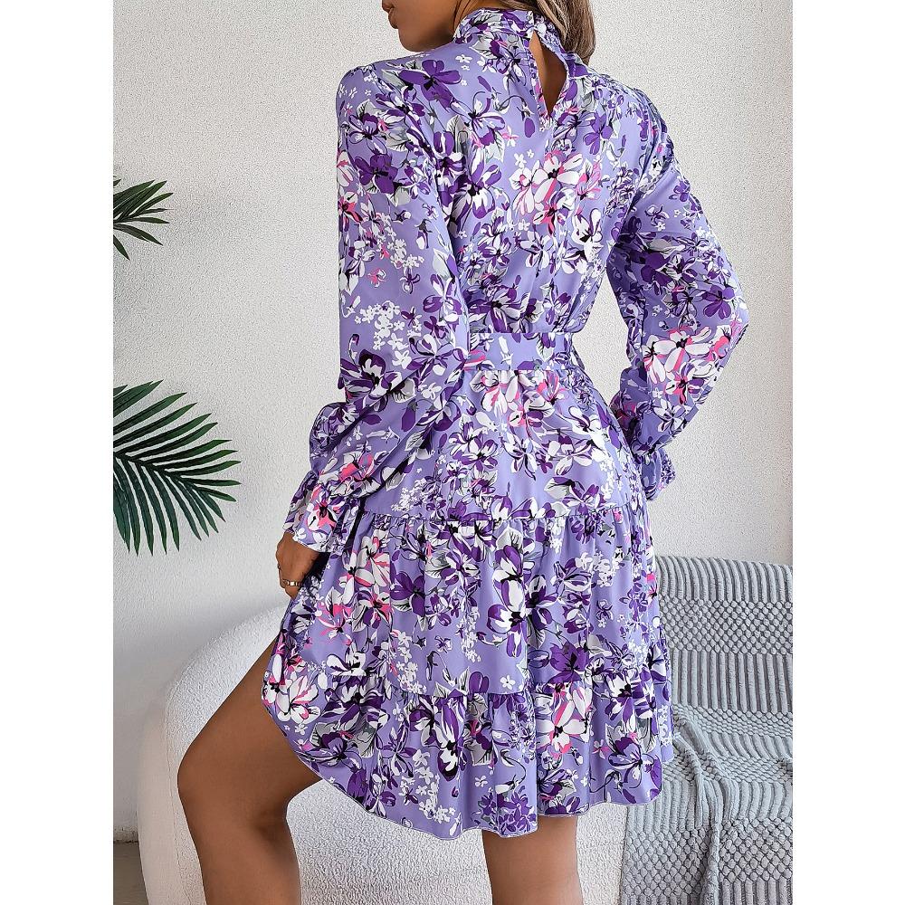 Robe Florale pour Femme Élégante Col Montant Floral Taille Marquée Manches Longues Volants Jupe A-Ligne