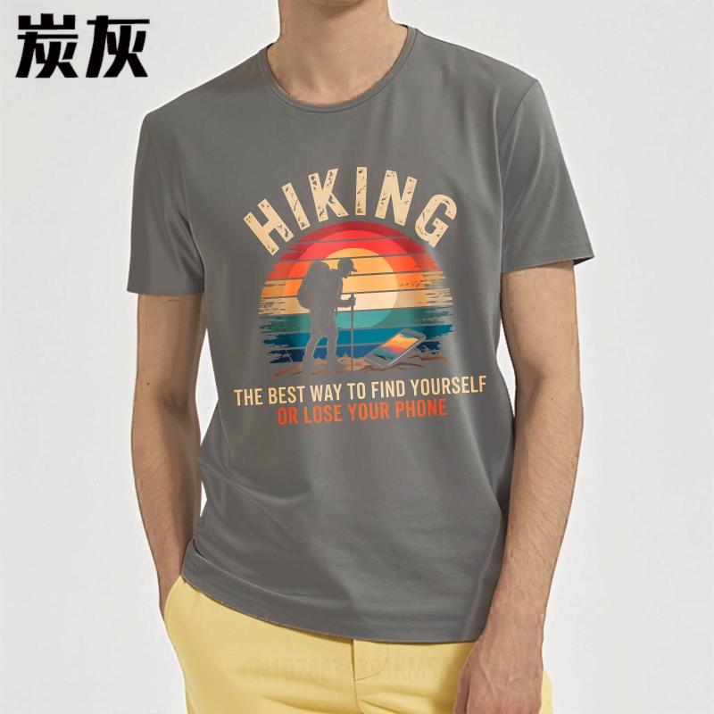 Anime Man Summer Tshirt Hiking Sunset Hiker Phone Nature Adventure Outdoors Exploration Short Sleeve Cotton ONeck Women