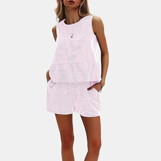 Γυναικεία καλοκαιρινά 2 τεμάχια, σετ αμάνικα σορτς με φανελάκι, casual ριγέ φόρμα, σετ για διακοπές και παραλία, ασορτί σετ