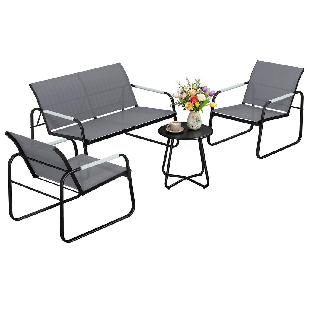 Garden Furniture Set Seating Group for 4 People Breathable Garden Lounge with 2-Seater Sofa 2 Armchairs Rope Weave Round Table Foot Pads
