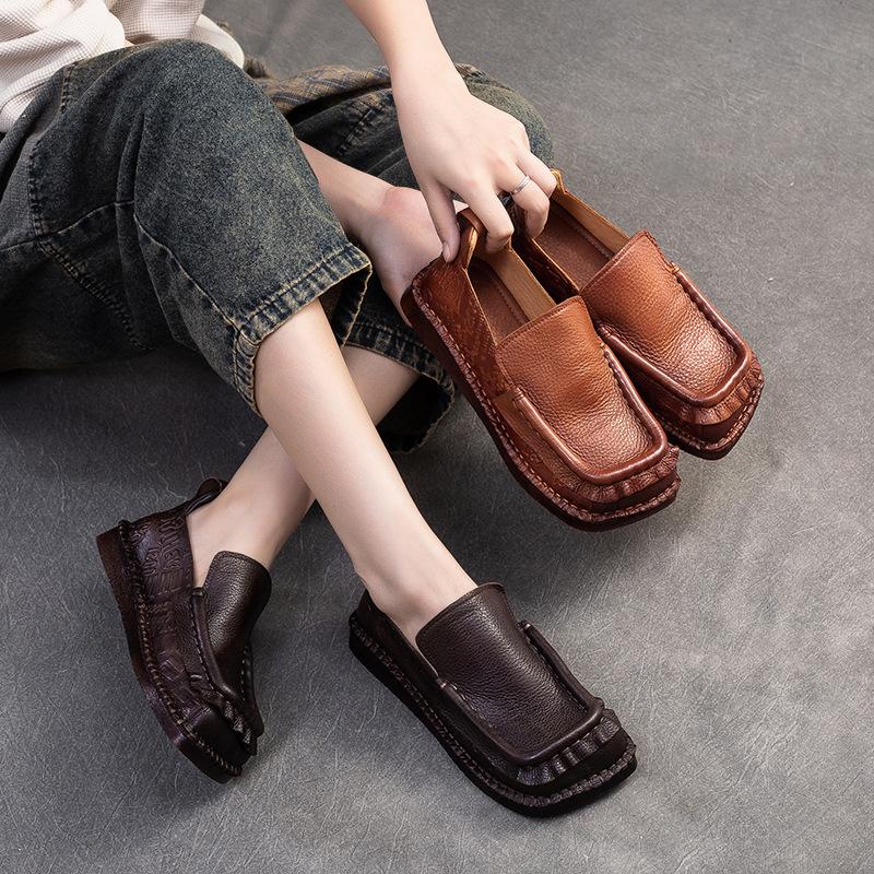Fashion 2.5CM Square Toe Flats Shoes For Women Loafers Casual Flat Heel Soft Soles Luxury Genuine Leather Elegant Platform Lazy Shoes