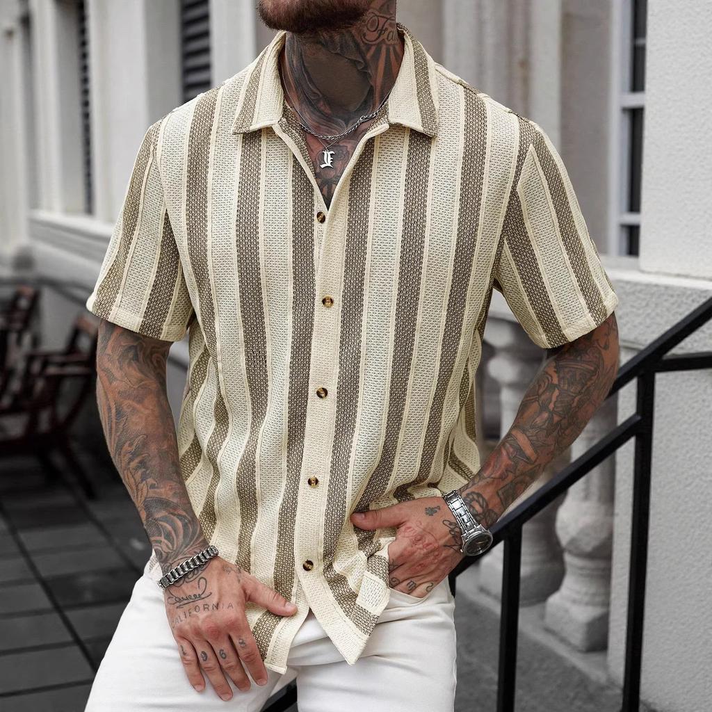Men Vertical Stripe Hollow Out Cuban Collar Short Sleeve Loose Casual Button Down Shirt