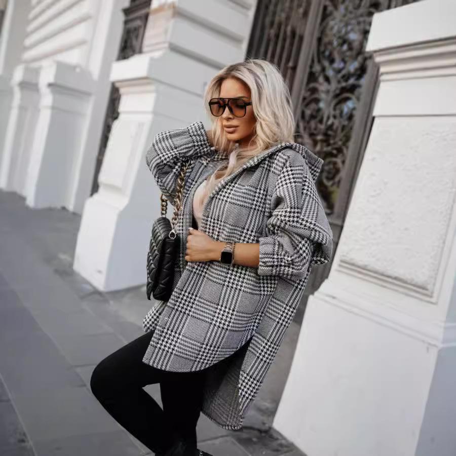Cappotto a quadri con cappuccio da donna, stile autunnale nuovo, vestibilità larga, moda casual