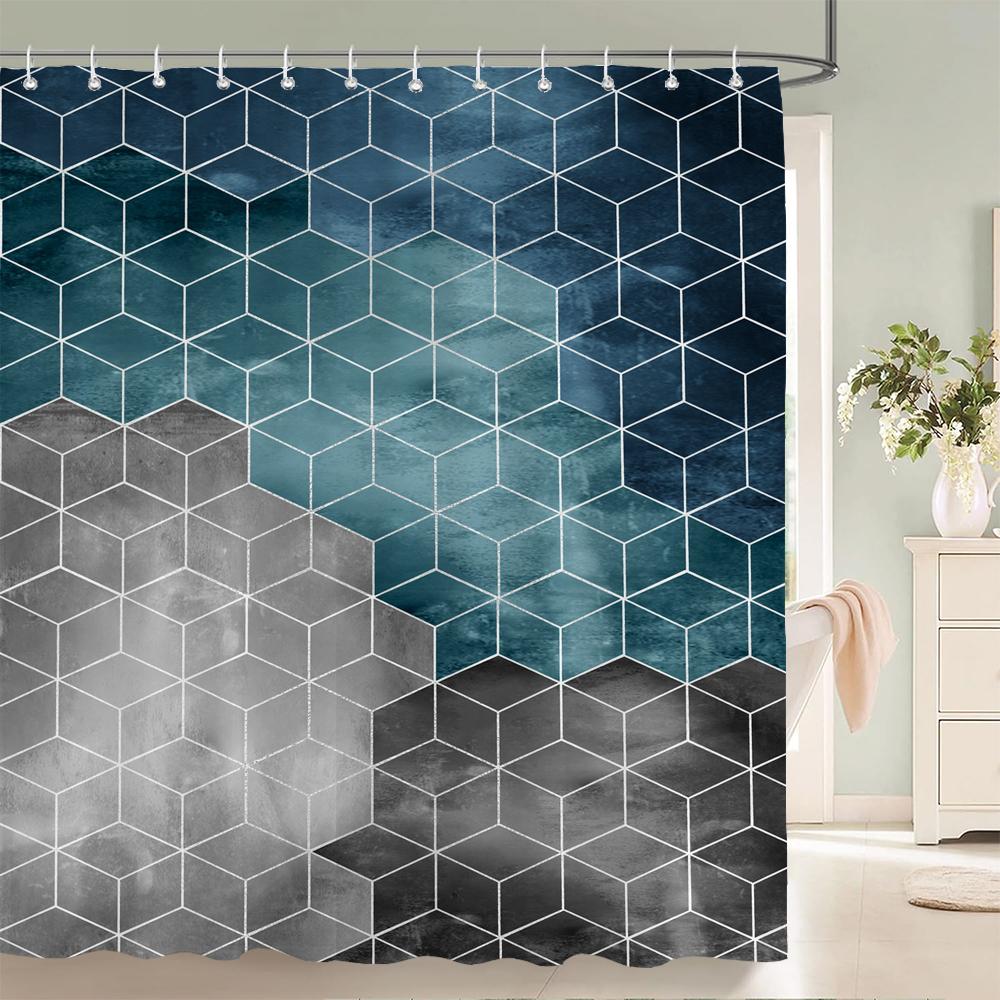 Blaue Geometrische Sechseckige Duschvorhänge Wasserdichter Stoff Badezimmervorhang mit Haken Dekoration Badewannenvorhang Toilettentrennwand