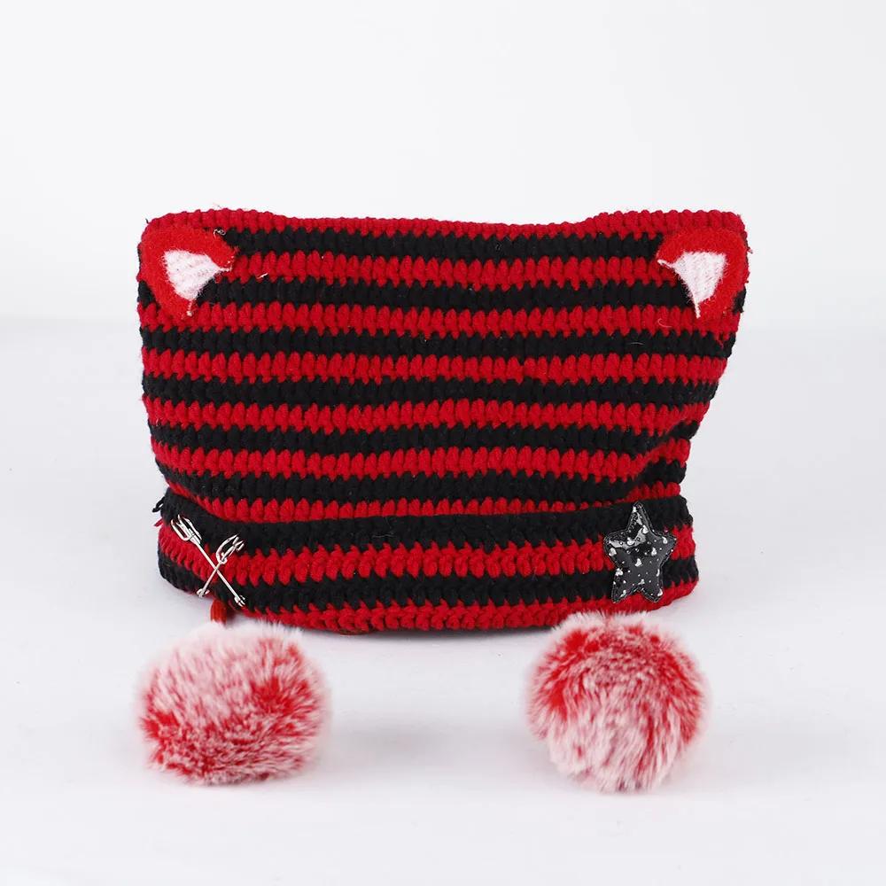 2025 neue Beanie Mütze Ins Kleiner Teufel Gestreifte Strickmütze Herbst und Winter Niedliche Katzenohren Spitz zulaufender Pullover Damenmützen