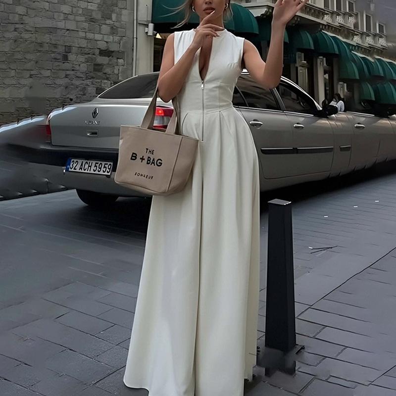 

Женская одежда, новые весенние модели в Европе, Америке, модный темперамент, трендовый однотонный комбинезон с широкими штанинами для работы/повседневной носки S белый