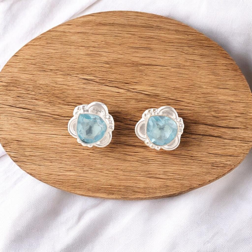 Sky Blue Topaz Gemstone Earrings 925 Fine Silver Handmade Jewelry Wedding Studs EE-159-11