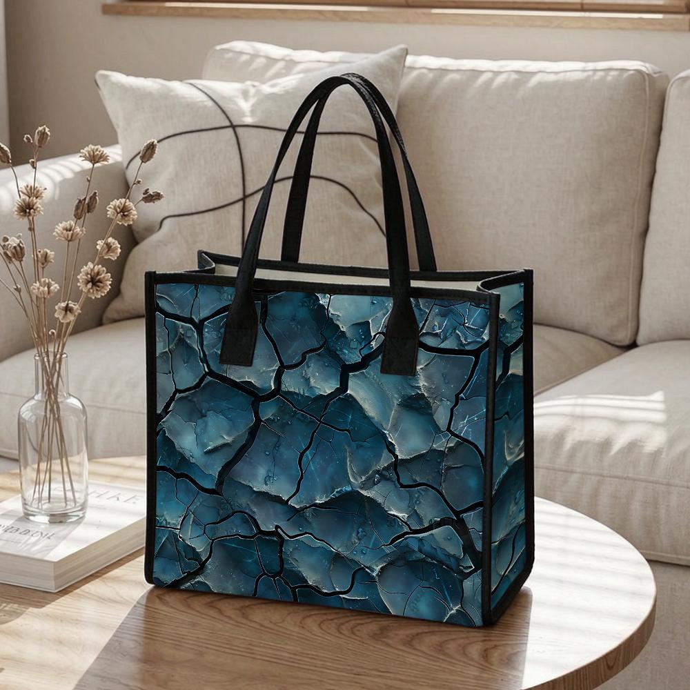 Blue Cracked Print Tote Bag Casual Daily Shoulder Bag for Women Lightweight Reusable Shopping Bag