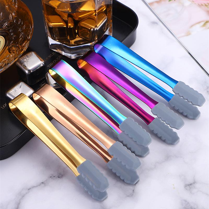 Silicone Head Stainless Steel Food Ice Cube Clip Non-Slip Mini Sugar Dessert Clamp Barbecue Bread Tongs Coffee Bar Utensils