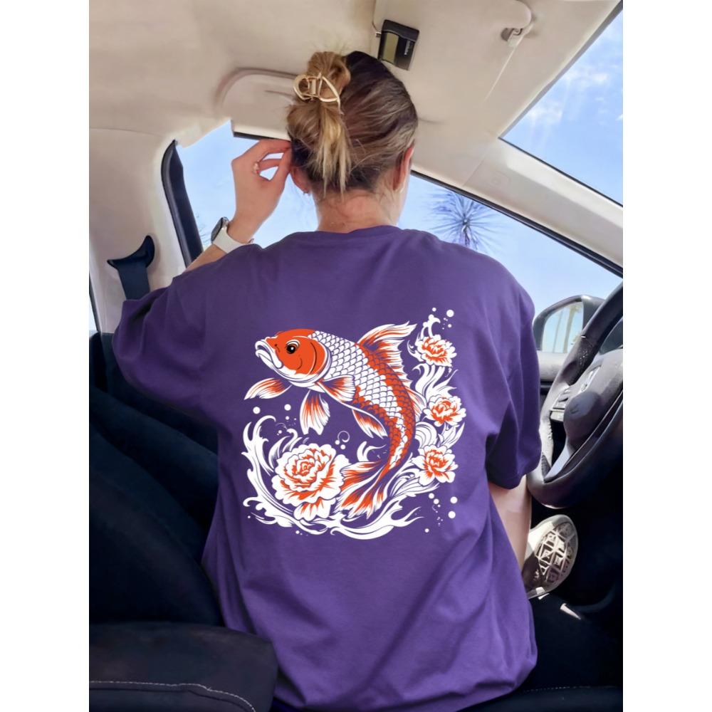 

Japanese Harajuku Creative Lotus Koi Printed Women T Shirt Summer Comfortable T-Shirt Casual O-Neck Clothes Short Sleeve S