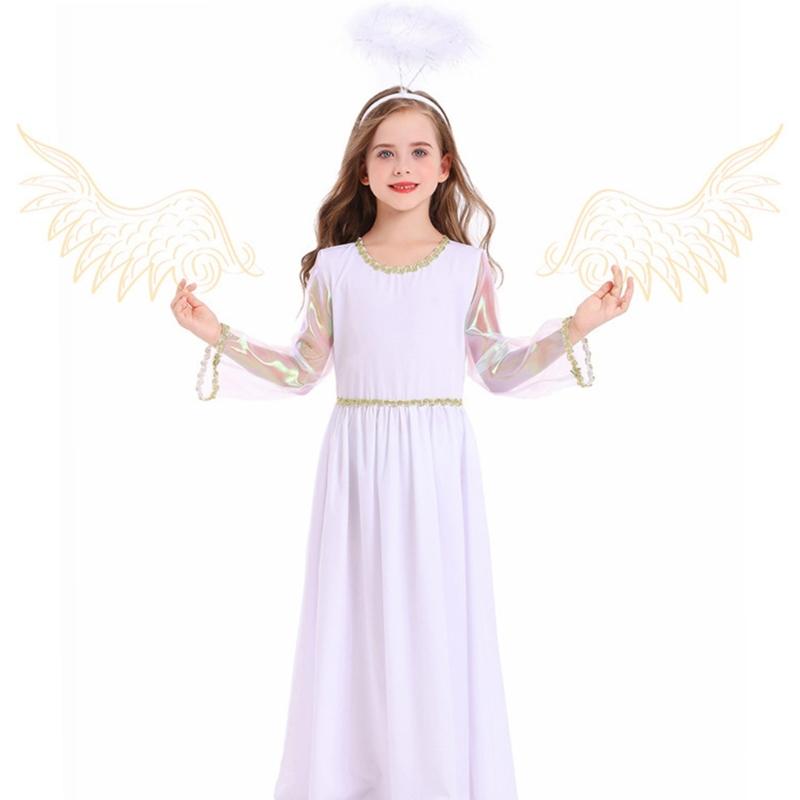 Elegant Long Sleeve Angel Dress With Gold Edging And Wing Attachments Costume Outfit Ideal For Stage Performances