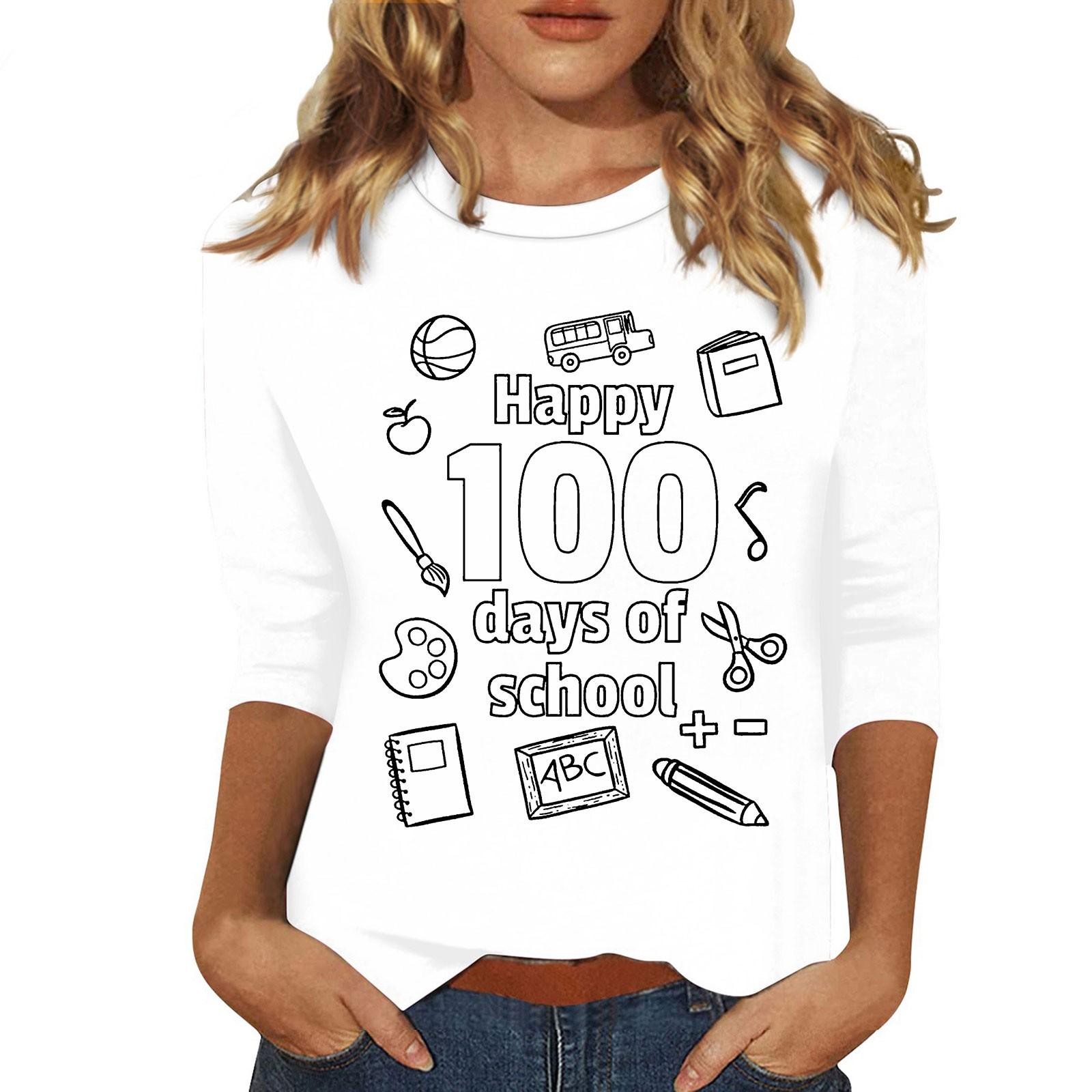 

Женская мода повседневная футболка с круглым вырезом и рукавом семь четвертей с принтом в честь 100-дневной годовщины школы XXL белый