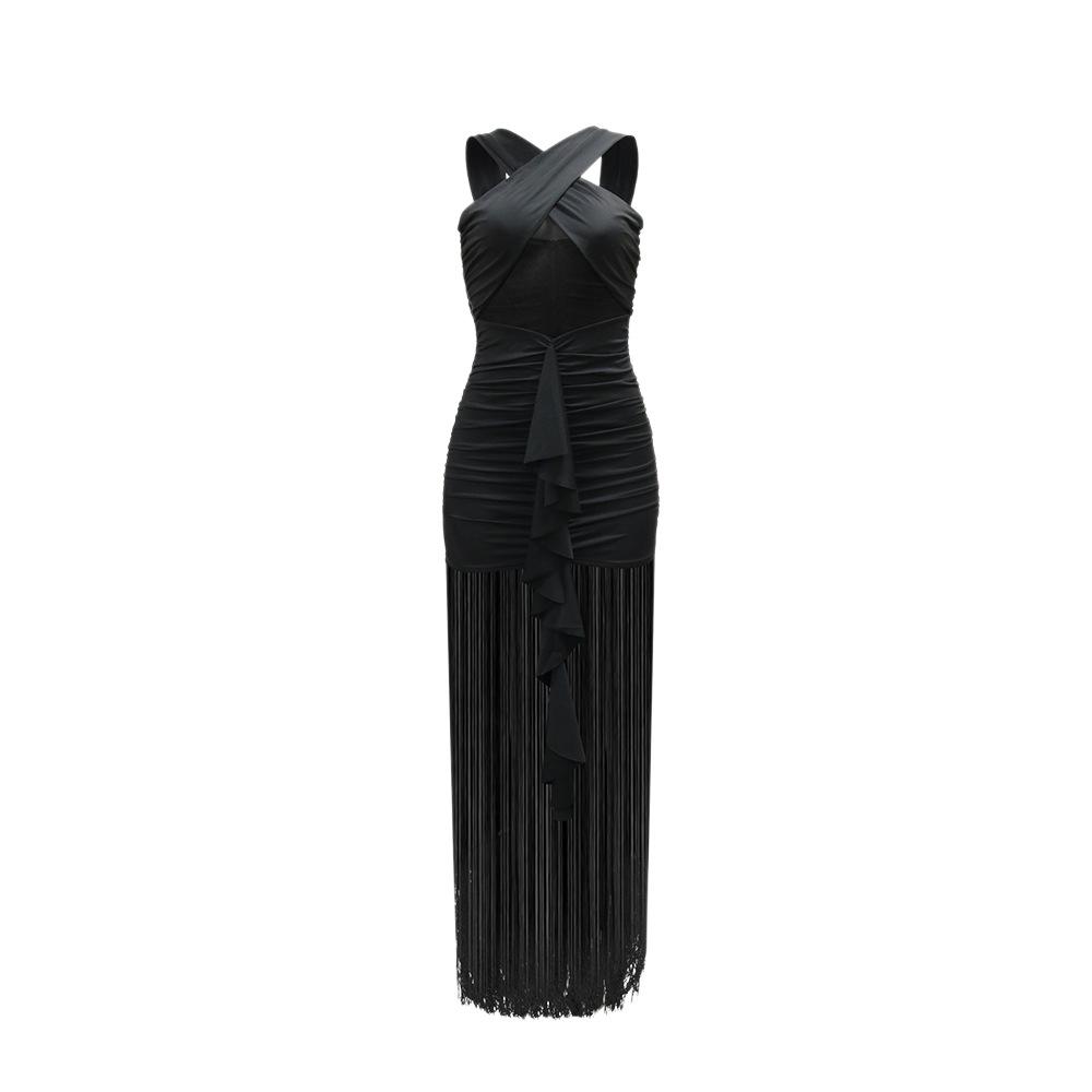 CY901181 European and American new sexy slim-fitting black cross-hanging neck fringed long dress women's slim evening dress