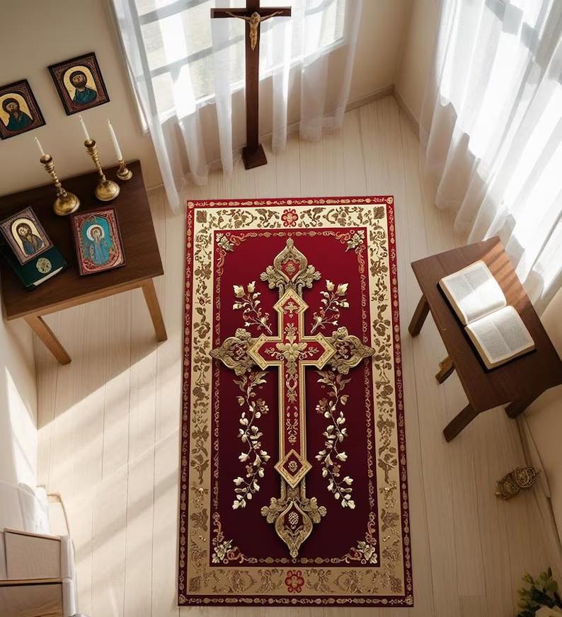 Religious Cross Carpet Mat Rug - Gold Pattern Red Background Floor Decor for Living Room Home Decoration Carpets for Living Room