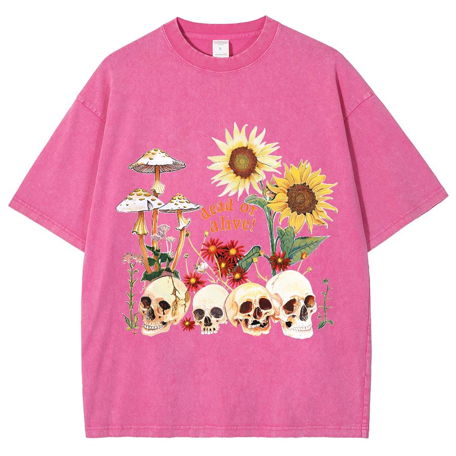 

Повседневная женская хлопковая футболка с эффектом стирки, летняя, с принтом головы черепа и подсолнуха, уличные топы оверсайз с круглым вырезом, одежда L