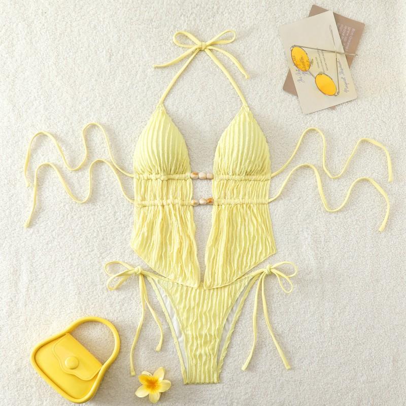 

Split Bikini Beaded Double Rope Lace Irregular Swimsuit Solid Color Sexy S жёлтый