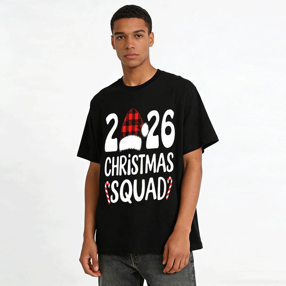 2026 Christmas Squad Plaid Santa Hat Graphic Casual Top Pure Cotton T-shirt
