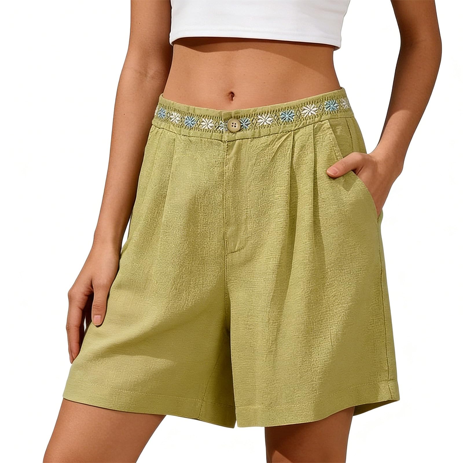 

Ladies Casual High Waisted Embroidered Loose Straight Leg Quarter Length Shorts XL