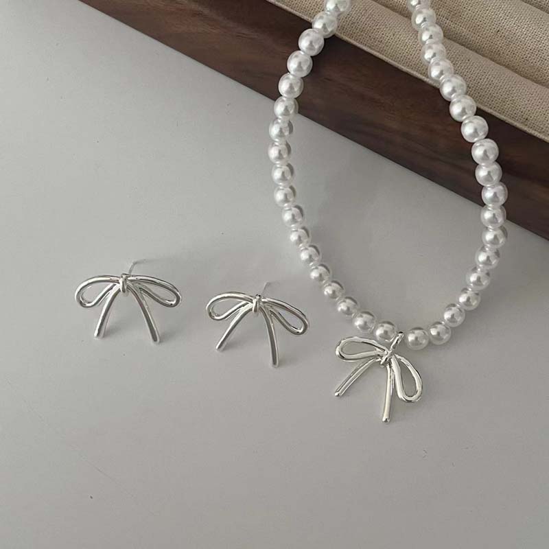 2024 New Trendy Ribbon Bow Pendant Necklace Earring Jewelry Set for Women Fashion Handmade Beaded Imitation Pearl Necklace