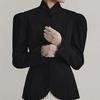 Damen Vintage Stehkragen Blazer Puffärmel Einreiher Schmale Kurze Jacke Elegante Büro Oberbekleidung Winter