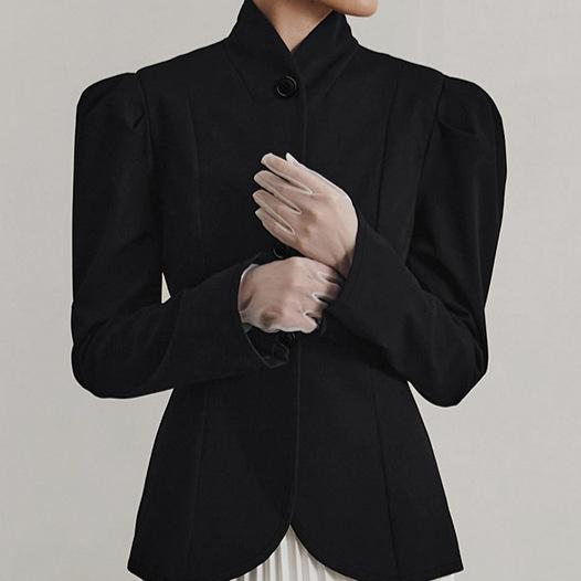 Damen Vintage Stehkragen Blazer Puffärmel Einreiher Schmale Kurze Jacke Elegante Büro Oberbekleidung Winter