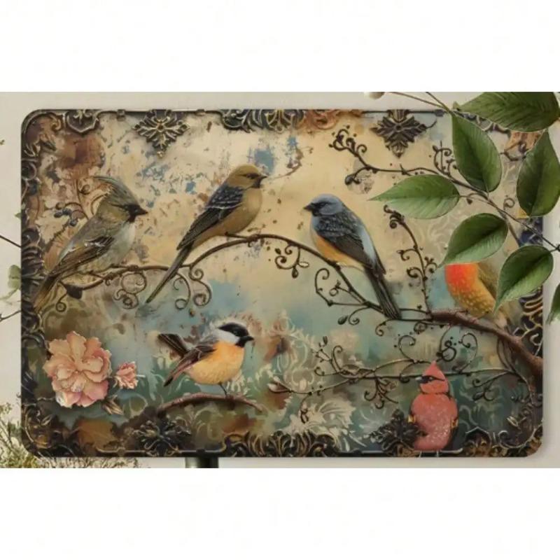 Vintage 3D Embossed Bird Metal Wall Art Rustic Farmhouse Floral Garden Decor Sign