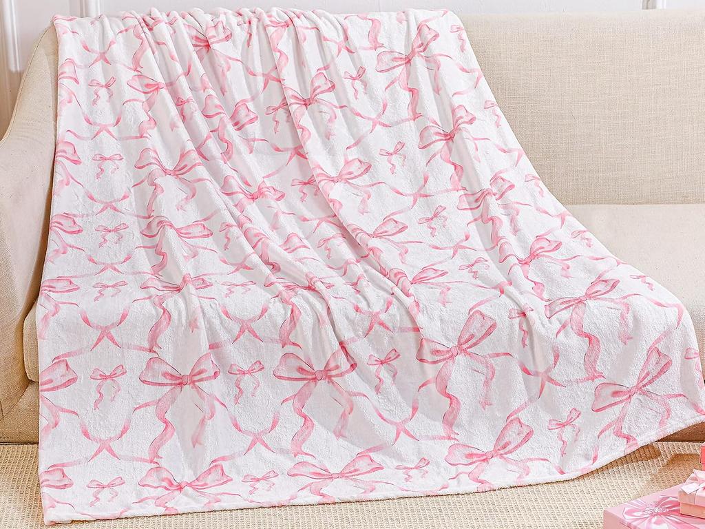 Watercolor Pink Bow Flannel Throw Blanket Aesthetic Coquette Ribbon Pattern Soft Lightweight Sofa Blanket