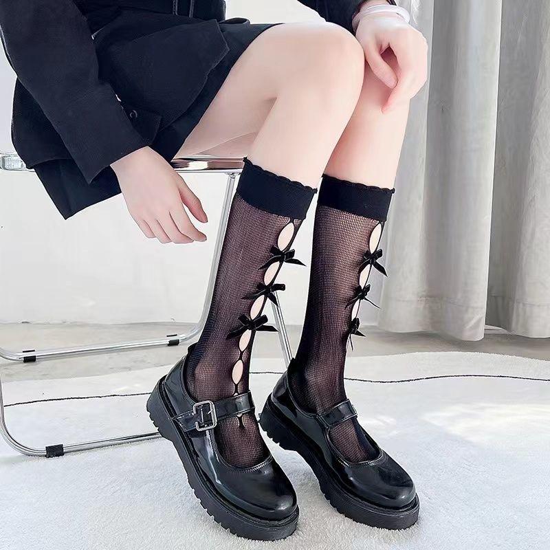 Chaussettes mi-mollet Lolita style japonais à nœud papillon | Dentelle ajourée Pure Désir - Été fin & Polyvalent JK