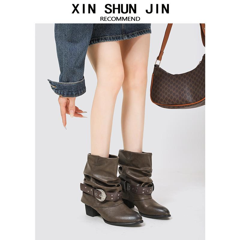 Folded Western Cowboy Boots Autumn Women'S Pile Boots Heel Pointed Knight Boots Pant Pants Boots
