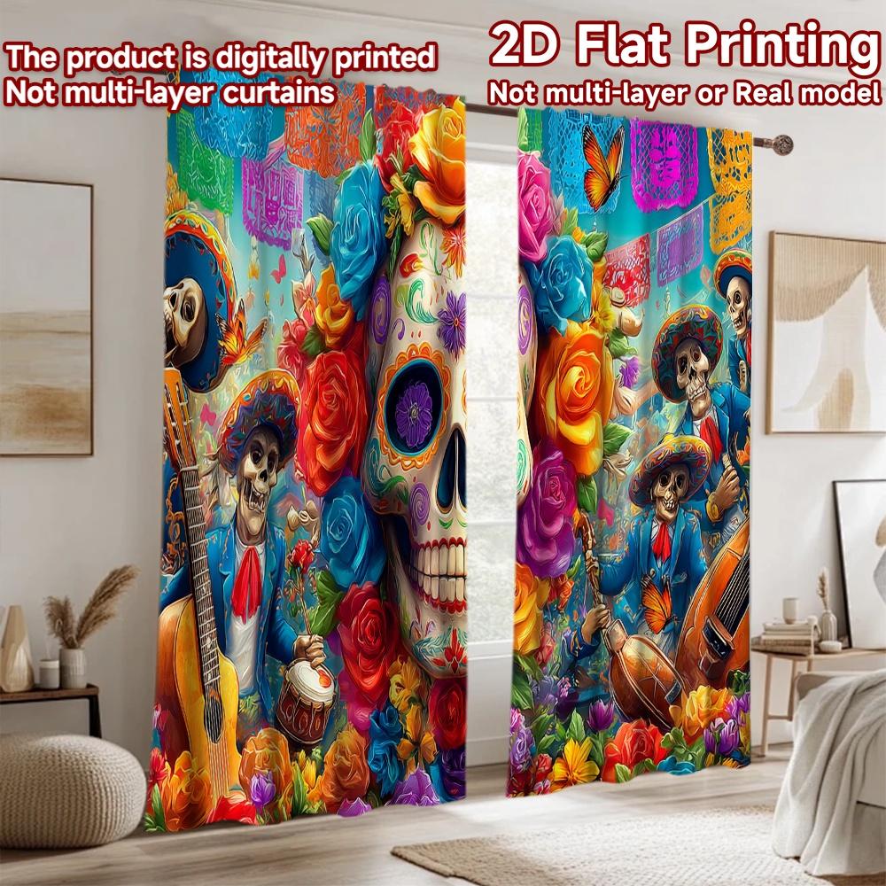 2D flat printing 2pcs Curtain Dia De Muertos Skull Floral Mariachi Digital Printed Polyester Drapes Festive Curtains for Room